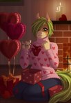 anthro balloon brown_body clothing detailed_background gift green_eyes green_hair hair inflatable male pink_clothing solo sweater tail topwear il'ka equid equine horse mammal hi_res