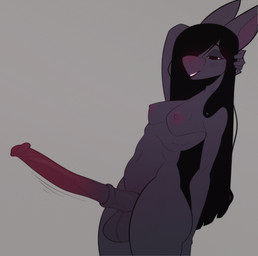 animal_genitalia animal_penis anthro bedroom_eyes big_flare big_penis black_body black_fur bodily_fluids breasts equine_genitalia equine_penis erection eyelashes flared_penis fur genitals gynomorph gynomorph_anthro hair hair_over_eye huge_penis intersex intersex_anthro long_penis looking_down medium_breasts narrowed_eyes penis seductive solo standing sweat thick_thighs sleepingpumpkin sunny_(tabuley) bat equid equine mammal absurd_res hi_res