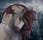 cloud electricity eyes_closed female feral lightning pose raining solo storm text water jenery andalusian_horse equid equine horse mammal 2020 digital_media_(artwork) hi_res url