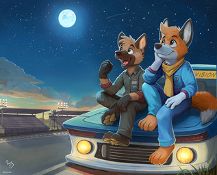4_fingers anthro big_dipper_(asterism) clothed clothing cloud detailed_background duo fangs fingers fully_clothed light looking_to_sky male male/male moon moonlight night no_shoes open_mouth outside pawpads racetrack scarf sitting_on_car smile star teeth tongue pandapaco canid canine canis domestic_dog fox mammal digital_media_(artwork) signature