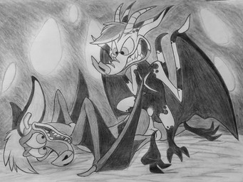 4_toes anal anal_penetration antenna_wire balls biped black_balls black_feet black_wings butt claws duo ears_back evil_grin fangs feet feral feral_on_feral feral_penetrated feral_penetrating feral_penetrating_feral genitals glance glancing_back hair helpless horn looking_at_another looking_back looking_back_at_another lying male membrane_(anatomy) membranous_wings mischievous mischievous_smile nervous nude on_front open_mouth open_smile penetration penile penile_penetration penis_in_ass pivoted_ears scared sex sharp_teeth smile snout soles spread_wings standing teeth toe_claws toes torture wings wire lufeed ferngully batty_koda fan_character bat demon mammal megabat 2021 4:3 graphite_(artwork) greyscale monochrome sketch traditional_media_(artwork)