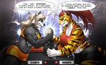 anthro arm_wrestling blonde_hair clenched_teeth dialogue duo eye_contact female hair looking_at_another muscular muscular_anthro muscular_female ponytail red_hair teeth text mykegreywolf liz_(mykegreywolf) badger felid feline mammal mustelid musteline pantherine tiger 2022 absurd_res character_name english_text hi_res