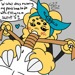 3_fingers 4_arms 8_eyes anthro bdsm big_breasts blue_body blue_fur blue_kerchief blush bondage bound breasts clothing dialogue duo fangs fellatio female fingers fluffy fluffy_hair fur hair hand_on_belly headgear headgear_only headkerchief headkerchief_only headwear headwear_only heart_symbol interrobang kerchief kerchief_only male male/female mostly_nude multi_arm multi_eye multi_limb navel oral penile penis_tied sex speech_bubble tape_measure teeth text white_body white_fur wrapped_around_penis yellow_body yellow_fur toni_oni avon_(unsureumbra) sunny_(toni_oni) arachnid arthropod canid canine fox mammal spider 1:1 credits english_text