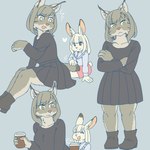 anthro clothing coffee_cup container cup dress duo female heart_symbol kemono winter_coat ekaki510 canada_lynx felid feline hare lagomorph leporid lynx mammal snowshoe_hare 1:1