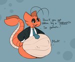 abdominal_bulge antennae_(anatomy) anthro belly big_belly big_tail bloated blush blush_lines clothing dialogue duo face_imprint forced hand_imprint hands_on_hips imprint male mocking muffled muffled_screaming necktie obese overweight raised_tail suit suit_and_tie tail teasing thick_tail thick_thighs unwilling_prey vore conditional_dnp verdantphysician shrimpy_(verdantphysician) arthropod crustacean marine shrimp 6:5 hi_res