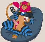 anthro arm_warmers armwear balls bean_bag bent_legs clothing container crop_top cup genitals legwear male mug open_mouth penile_spines penis pubes shirt solo tail tail_tuft thigh_highs toeless_legwear topwear tuft 6my mastodon_(social_media) aode_(asonix) felid lion mammal pantherine hi_res