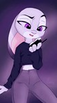 anthro clothed clothing female fully_clothed fur grey_body grey_fur holding_object midriff purple_background purple_eyes simple_background solo bubblecop disney zootopia judy_hopps lagomorph leporid mammal rabbit hi_res