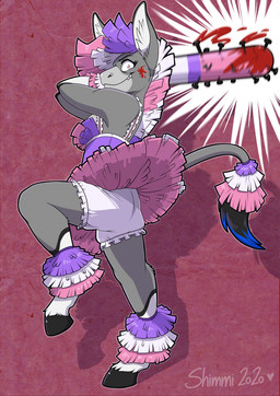 anthro barely_visible_breasts baseball_bat bat_(object) biped blood bodily_fluids breasts clothed clothing female heart_symbol hooves mane nails pink_eyes red_background simple_background solo upskirt shimmi_(artist) asinus bat donkey equid equine mammal 2020 character_request hi_res signature