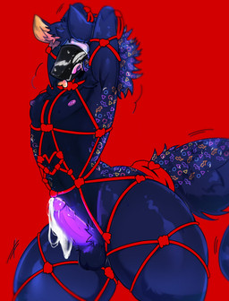 anthro arcade_carpet_pattern balls bdsm big_butt blush bodily_fluids bondage bound butt cum ejaculation embarrassed fluffy fluffy_tail genital_fluids genitals heart_symbol huge_butt machine male needy nipples penis protogen_visor red_rope restraints rope rope_bondage rope_harness shaking solo sweat sweatdrop tail thick_thighs tongue tongue_out trembling vein veiny_penis keni_kun_sama nebby_the_protogen protogen absurd_res hi_res