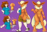 anthro biped black_nose blonde_hair bottomwear breasts brown_hair clothed clothing featureless_breasts featureless_crotch female female_human fingers flip_flops footwear fully_clothed fur goo_drip goo_transformation hair human_to_anthro looking_at_self looking_at_viewer nude open_mouth orange_body orange_ears plantigrade sandals shirt shoes shorts simple_background smile solo species_transformation standing surprise tail topwear transformation transformation_sequence yellow_body yellow_eyes yellow_fur nut-case nintendo pokemon rismic chelsey_(rismic) eeveelution flareon generation_1_pokemon human mammal pokemon_(species) 2014 colored signature story story_in_description