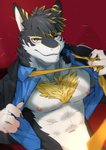 anthro black_body black_fur clothed clothing fur male necktie nipples open_clothing open_shirt open_topwear shirt solo topwear white_body kun_blackcat vortiganshine canid canine canis mammal wolf absurd_res hi_res