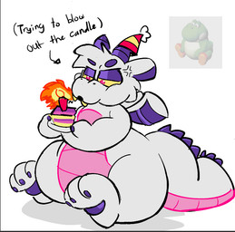 anthro birthday birthday_cake blowing_out_candle cake candle cross-popping_vein dessert duo eyebrows food grey_body grey_scales holding_cake holding_food holding_object male overweight overweight_male pawpads pink_body pink_eyes pink_scales purple_body purple_pawpads purple_scales scales thick_eyebrows yellow_sclera lunchgunk mario_bros mythology nintendo lunchgunk_(character) dragon mythological_creature mythological_scalie scalie yoshi