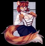 2019 alpha_channel anthro areola bottomwear braided_hair breasts cleavage clothed clothing digital_media_(artwork) domestic_cat felid feline felis female hair hi_res junebuq malina_(athiesh) mammal nipples shaded skirt solo suspenders sweater tabby_cat tongue topwear