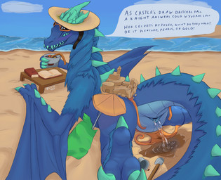 animal_genitalia beach blue_body blue_cloaca blue_fur blush bodily_fluids book bucket butt claws clear_urine cloaca clothing clothing_aside container eyewear eyewear_on_head female female_feral female_peeing feral feral_peeing fur furgonomic_headwear furgonomics genital_fluids genitals green_body green_eyes hat headgear headwear horn looking_at_viewer membrane_(anatomy) membranous_wings outside peeing peeing_on_ground presenting presenting_cloaca presenting_hindquarters sand_castle sculpture sharp_teeth sun_hat sunglasses sunglasses_on_head swimwear swimwear_aside talking_to_viewer teeth text toe_claws urine urine_on_ground urine_pool urine_stream watersports wings valrionwrites dota european_mythology mythology valve valve_corporation auroth_the_winter_wyvern dragon mythological_creature mythological_scalie scalie western_dragon wyvern 2025 digital_media_(artwork) english_text hi_res