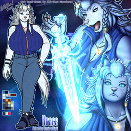 accessory anthro bangs beads big_breasts blue_eyes bottomwear braided_hair breasts cleavage clothed clothing collarbone denim denim_bottomwear denim_clothing eyelashes female fingernails footwear frown fur glowing hair hair_accessory hair_beads hand_on_hip huge_breasts hyper hyper_breasts inner_ear_fluff jeans jewelry long_hair looking_at_viewer melee_weapon nails necklace open_mouth paladin pants pawpads paws shoes solo striped_body striped_fur stripes sword tail topwear tuft vest weapon white_body wristband zipper all-starwarriors final_fantasy final_fantasy_xiv square_enix brace_(all-starwarriors) arctic_wolf canid canine canis felid hrothgar mammal wolf 1:1 hi_res model_sheet