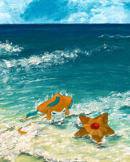 ambiguous_gender brown_body cloud duo eyes_closed sea sky water white_body gyuragyura nintendo pokemon generation_1_pokemon generation_3_pokemon humanoid jirachi legendary_pokemon pokemon_(species) staryu 2024