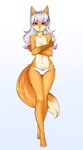 absurd_res anthro bow_panties bow_underwear breasts canid canine clothed clothing covering covering_breasts female fox hair hi_res looking_at_viewer mammal multicolored_hair panties panties_only red_fox solo topless true_fox two_tone_hair underwear underwear_only white_clothing white_panties white_underwear yonachka_doki