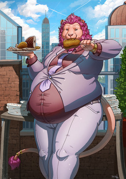 accessory anthro belly big_belly bloated clothing eating empty_plate food hair male mane necktie overweight overweight_male pink_hair plate solo suit azsola zolo_(sertralion) felid lion mammal pantherine hi_res