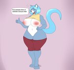 anthro big_breasts blue_hair bottomwear bottomwear_down breasts clothed clothing dialogue eyes_closed female hair hand_on_hip pants pants_down partially_clothed simple_background solo text thick_thighs wide_hips photolol.03 domestic_cat felid feline felis mammal flat_colors hi_res spanish_text translated