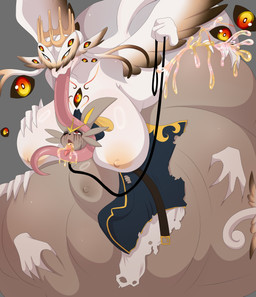 abdominal_bulge anthro antlers big_breasts big_penis bodily_fluids breasts clothing collar cum cum_in_mouth cum_inside cum_on_tongue detached_hand duo eyes_on_chest eyes_on_neck eyes_on_wings female genital_fluids genitals gynomorph hat_feather head_between_breasts headgear headwear horn huge_penis hyper hyper_genitalia hyper_penis intersex intersex/female leash leashed_collar long_tongue loose_feather makeup multi_eye penis pirate_hat running_makeup tongue torn_clothing unusual_anatomy unusual_bodily_fluids unusual_cum unusual_eye_placement unusual_genital_fluids unusual_wings wings seirva nintendo pokemon biblically_accurate_angel cinderace generation_8_pokemon humanoid pokemon_(species) absurd_res hi_res