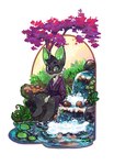 clothed clothing detailed_background hair heterochromia male outside plant smile solo tree water kayphi kota_(kotafen) canid canine fennec_fox fox mammal true_fox