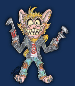 3_toes amputee anthro barefoot beard big_ears biped blonde_hair bottomwear chain claws clothed clothing crazed crazed_look crazy_eyes damaged denim denim_bottomwear denim_clothing devilish_grin disability ear_piercing evil_grin facial_hair fangs feet front_view fur grin hair jacket jeans key leather leather_clothing leather_jacket leather_topwear light_body light_skin machine male markings missing_all_arms missing_arm missing_limbs monkey_wrench notched_ear pants pawpads paws piercing pipe_wrench plantigrade pose round_ears sharp_teeth shirt simple_background skinny smile smirk solo standing tattoo teeth teeth_showing toe_claws toes tools topwear torn_bottomwear torn_clothing torn_jeans torn_pants transparent_background weapon weapon_arm wind-up_key wind-up_toy wrench wrist_weapon yellow_eyes yellow_sclera lachendesreh dark_deception haplorhine mammal monkey murder_monkey primate 2026 alpha_channel full-length_portrait hi_res portrait signature traditional_media_(artwork)