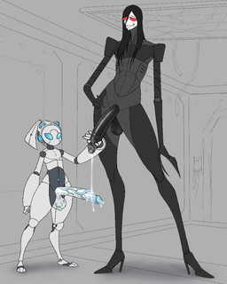 balls black_penis blush bodily_fluids clothing duo footwear genital_fluids genitals hair handjob high_heels long_hair machine male male/male penile penis precum sex shoes size_difference vein veiny_balls veiny_penis iziks humanoid robot robot_humanoid hi_res
