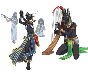 anthro biped breasts clothed clothed_anthro clothed_female clothed_human clothed_male clothing dancing ear_piercing egyptian egyptian_clothing feet female fingers front_view fur group harp inner_ear_fluff kneeling male musical_instrument musical_note musical_symbol navel piercing playing_music plucked_string_instrument simple_background sitting smile standing string_instrument symbol teeth toes tongue tuft white_background nulia tarahe canid canine canis domestic_cat felid feline felis human jackal mammal 2026 digital_drawing_(artwork) digital_media_(artwork) hi_res