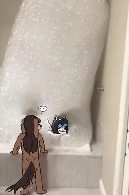 ambiguous_anthro ambiguous_form ambiguous_gender anthro bath bathing black_hair black_markings blue_eyes brown_body brown_fur brown_hair bubble_bath duo floppy_ears foam fur grey_body grey_fur hair humor long_hair markings mouth_closed photo_background rear_view standing white_body white_fur cobu canid canine canis domestic_dog mammal photography_(artwork)