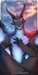 abstract_background angry anthro black_body blue_body blue_scales blue_spikes blue_tongue blurred_background claws fangs hair horn horror_(theme) long_ears long_hair looking_at_viewer male membrane_(anatomy) membranous_wings muscular muscular_anthro muscular_male muscular_thighs nature nature_background pose red_eyes scales scary simple_background smile smirk solo spikes teeth text tongue wide_chest wings hynvale european_mythology mythology dragon mythological_creature mythological_scalie scalie western_dragon hi_res url