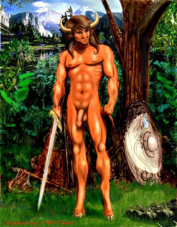 abs anthro axe balls biceps detailed_background forest genitals hair half-erect horn humanoid_genitalia humanoid_penis male melee_weapon muscular muscular_male nature nipples nude outside pecs penis plant shield solo sword tail tree weapon joelglaine european_mythology greek_mythology mythology bovid bovine equid human mammal minotaur