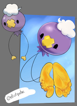 5_toes ambiguous_gender anthro balloon feet floating foot_fetish happy humanoid_feet inflatable nails plantigrade purple_body purple_skin soles solo toenails toes yellow_body elpeste2 game_freak nintendo pokemon drifloon generation_4_pokemon pokemon_(species) hi_res reference_image