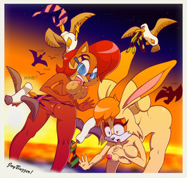 anthro areola beach beak big_breasts big_butt bikini bikini_bottom_removed bikini_removed bikini_top_removed blue_eyes bottomless breasts brown_body brown_fur butt clothed clothing erect_nipples eyewear feathered_wings feathers female fur genitals group hair looking_at_viewer looking_back male mature_anthro mature_female nipples nude open_mouth orange_hair outside possessive red_eyes red_hair sea seaside sky sunglasses sunset swimwear text topless two-piece_swimsuit vulva water white_body white_fur wide_hips wings bluebreed archie_comics disney finding_nemo pixar sega sonic_the_hedgehog_(archie) sonic_the_hedgehog_(comics) sonic_the_hedgehog_(series) sally_acorn vanilla_the_rabbit avian bird chipmunk ground_squirrel gull lagomorph lari larid leporid mammal rabbit rodent sciurid 2014 digital_media_(artwork) english_text mother_(lore) parent_(lore)