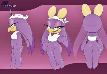 accessory anthro beak blue_eyes bottomless bottomless_female breasts butt chibi clothed clothing eyewear eyewear_on_head featureless_feet featureless_hands feet female front_view genitals hair hair_accessory headgear headkerchief headwear highlights_(coloring) kerchief looking_at_viewer looking_away medium_breasts navel non-mammal_breasts non-mammal_navel purple_body purple_hair purple_highlights rear_view side_view slightly_chubby slightly_chubby_anthro slightly_chubby_female solo sunglasses sunglasses_on_head thick_thighs topwear vulva white_clothing white_headwear white_kerchief white_topwear wide_hips y_shaped_butt_crack yellow_beak arts_eidolon sega sonic_riders sonic_the_hedgehog_(series) wave_the_swallow avian bird hirundinid oscine passerine swallow_(bird) hi_res