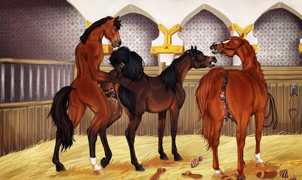 after_transformation animal_genitalia animal_vulva anthro anthro_on_feral anthro_penetrating anthro_penetrating_feral anus bestiality bodily_fluids clitoral_winking clitoris detailed_background equine_anus equine_genitalia equine_vulva female feral feral_penetrated genital_fluids genitals group group_sex hay hooves inside intraspecies intraspecies_bestiality male male/female male_on_feral penetration penis puffy_anus quadruped sex stable tail teats threesome transformation trio udders vaginal vaginal_fluids vaginal_penetration vulva piippujalka equid equine horse mammal