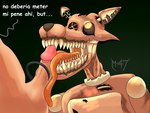 1_eye anthro fellatio genitals hook hook_hand licking machine male oral penile penis penis_lick penis_on_tongue sex sharp_teeth simple_background solo teeth text tongue tongue_out m-47 five_nights_at_freddy's five_nights_at_freddy's:_the_twisted_ones scottgames twisted_foxy_(fnaf) animatronic canid canine fox human mammal robot 2022 4:3 hi_res translated