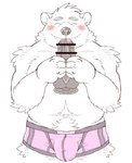 anthro belly big_belly black_nose blush bulge clothing cute_fangs dildo fangs fur humanoid_hands kemono male navel overweight overweight_male sex_toy simple_background solo teeth underwear white_background white_body white_fur ryuta-h bear mammal polar_bear ursine 2022 absurd_res censored hi_res