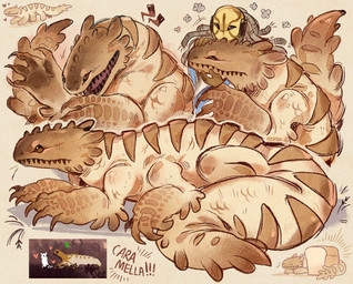ambiguous_gender black_teeth bread brown_body brown_eyes claws duo fangs feral food heart_symbol holding_head open_mouth screencap tail teeth dim_off rain_world videocult caramel_lizard_(rain_world) iterator_(rain_world) lizard_(rain_world) reptile scalie slugcat 2026 digital_media_(artwork) hi_res
