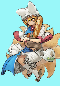 9_tails baguette blonde_hair blush bread clothed clothing female food footwear hair hat headgear headwear holding_object legwear multi_tail sandals shoes shopping_bag short_hair socks solo tabard tail yellow_eyes chanta touhou ran_yakumo animal_humanoid canid canid_humanoid canine canine_humanoid fox_humanoid humanoid mammal mammal_humanoid absurd_res hi_res