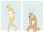 animal_genitalia anthro antlers ballbusting bent_over breasts cock_and_ball_torture comparison duo female female_focus genital_torture genitals horn kneeling male male_focus nipples nude pain pussy_torture sheath 9x9 cervine deer mammal