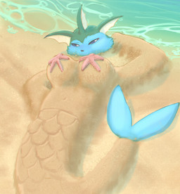 ambiguous_gender beach blue_body blue_sclera day detailed_background humor joke outside sand sand_sculpture split_form tail water white_eyes mendobear nintendo pokemon asterozoan echinoderm eeveelution generation_1_pokemon marine merfolk pokemon_(species) starfish vaporeon absurd_res hi_res