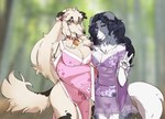 anthro asian_clothing bell bell_collar breasts claws clothed clothing collar duo east_asian_clothing female female/female floral_pattern fur gesture grey_body grey_fur hair hand_gesture headgear horn japanese_clothing kimono long_hair looking_at_viewer markings multicolored_body multicolored_fur nails neck_tuft photo_background pink_outfit purple_eyes purple_outfit smile spots spotted_body spotted_fur tail tail_fluff teeth tuft v_sign yellow_eyes ra13us oxana_(cowface) borzoi bovid bovine canid canine canis cattle domestic_dog hunting_dog hybrid mammal sighthound hi_res photography_(artwork)