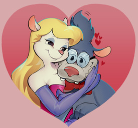 anthro armwear blonde_hair bow_tie clothed clothing dress duo elbow_gloves eyewear female fur glasses gloves grey_body grey_fur hair handwear heart_symbol hug male male/female nerd smile white_body white_fur xen-on-x animaniacs warner_brothers minerva_mink wilford_wolf canid canine canis mammal mink mustelid musteline true_musteline wolf hi_res