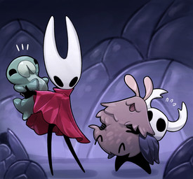 black_arms black_fingers black_hands black_legs blue_clothing cloak cloak_only clothed clothing feral fur green_body group monotone_cloak red_cloak red_clothing size_difference smaller_feral white_head ddrewb hollow_knight:_silksong hollow_knight_(franchise) team_cherry hornet_(hollow_knight) the_knight_(hollow_knight) arthropod flea_(hollow_knight:_silksong) grub_(hollow_knight) grub_(insect) insect larva vessel_(species) hi_res female_(lore) nonbinary_(lore) sibling_(lore) sister_(lore)