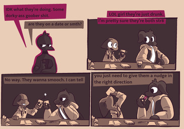 alcohol anthro bar beverage cheers chugging clothing dress drinking electronics female licking male paper pen phone restraints sitting text texting tongue vanilla_candy amelia_is_calling eleanor_(vanilla_candy) avian bird canid canine canis domestic_cat domestic_dog felid feline felis mammal comic english_text hi_res
