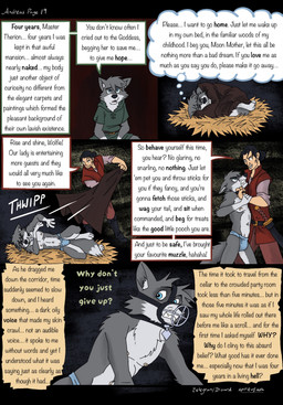 4_fingers 4_toes anthro barefoot bedding bench black_hair black_nose blanket blue_eyes bottomwear clothed clothed_anthro clothed_male clothing dialogue duo feet female fingers flashback fur grey_body grey_fur group hair hindpaw humanoid_hands loincloth loincloth_only male multicolored_body multicolored_fur muzzle_(object) muzzled navel nipples paws plant shirt slave speech_bubble standing straw_bed tail teeth text thought_bubble toes topless topless_anthro topless_male topwear tree tunic two_tone_body two_tone_fur white_body white_fur spiritofash andreas_(spiritofash) canid canine canis human mammal wolf comic english_text hi_res