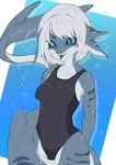 anthro biped black_sclera blue_eyes breasts clothing countershading ear_fins female fin front_view grey_body grey_hair hair markings navel navel_outline nipple_outline one-piece_swimsuit pupils slit_pupils solo standing swimwear tail tail_fin tight_clothing tongue tongue_out water wet ayabemiso fish marine shark hi_res portrait three-quarter_portrait