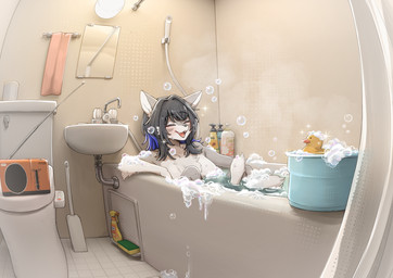 anthro bath bathing bathroom bathtub black_hair blue_highlights bubble countershade_face countershade_fur countershading detailed_background electronics eyes_closed female fur grey_body grey_fur hair highlights_(coloring) inside kemono mirror nude nude_anthro open_mouth radio rubber_duck shower_head sink smile soap soapy solo suds tail toilet towel water wet white_body white_fur white_tail ayabemiso canid canine canis mammal wolf hi_res