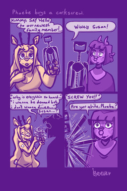 anthro breasts cleavage clothed clothing corkscrew dialogue ear_piercing facial_piercing female greeting hair horn humor long_hair nose_piercing onomatopoeia piercing septum_piercing short_hair sound_effects speech_bubble text bbravaa kimmy_(bbravaa) phoebe_(bbravaa) deer mammal 2:3 comic english_text hi_res restricted_palette