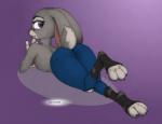 2018 3_toes anthro big_ears boots butt claws clothed clothing disney ecmajor eyebrows eyelashes feet female flat_chested footwear fur judy_hopps knee_pads lagomorph leporid looking_at_viewer looking_back lying mammal midnightcap presenting presenting_hindquarters rabbit shoes simple_background smile solo third-party_edit toes topless zootopia